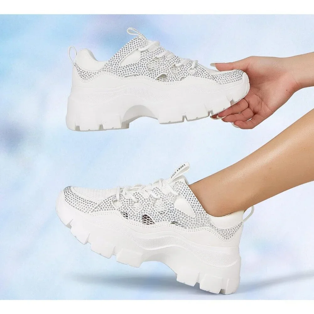 Women White Rhinestone Platform Fuchsia Hologram Casual Lace-Up Sneakers